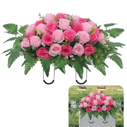 Cemetery Headstone Flower Saddle,Artificial Cemetery Flower Saddles for Graves,Artificial Rose Cemetery Memorial Flowers for Outdoor Tombstone Headstone Decorations (Pink) - color: Pink