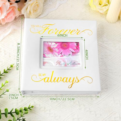 Dunzoom Memory Photo Album Holds 200 Pcs 4 x 6 Inch Leather Wedding Anniversary Family Photo Album with Front Window Double Heart Memory Scrapbook for Couple Gifts(Forever Always) - style: Wedding