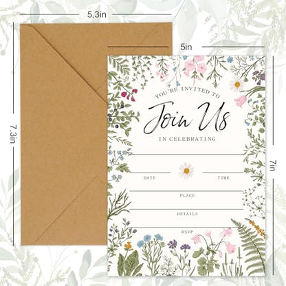 Whaline 25 Packs Vintage Floral Invitations with Envelopes and Stickers Retro Wildflower Invitation Cards Spring Fill in Blank Invites for Wedding Birthday Bridal Baby Shower Party, 5 x 7 Inch