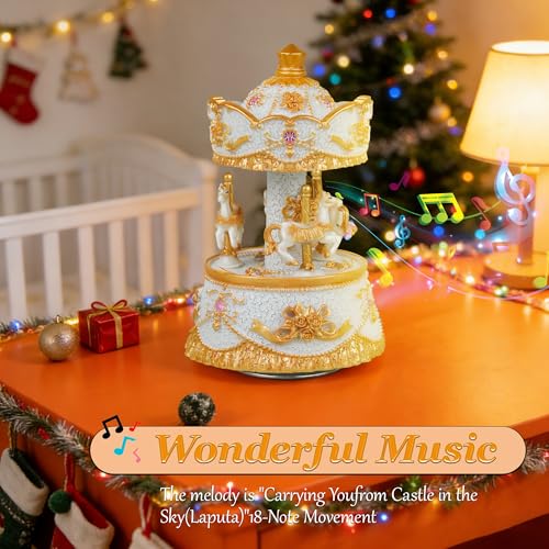 Carousel Music Box,Luxury Color Change LED Light ,Luminous Rotating 3-horse | Luminous Music Box, musical box with Gift Box for Girls Birthday Valentine Gift (You are My Sunshine, Light Gold) - color: Light Gold, style: You are My Sunshine