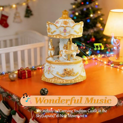 Carousel Music Box,Luxury Color Change LED Light ,Luminous Rotating 3-horse | Luminous Music Box, musical box with Gift Box for Girls Birthday Valentine Gift (You are My Sunshine, Light Gold) - color: Light Gold, style: You are My Sunshine