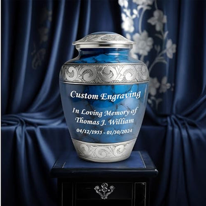 Set of 6 Custom Engraved Cremation Urns for Human Ashes Includes 1 Large Urn with 4 Small Keepsakes & 1 Silver Necklace - Fire Blue - color: Fire Blue Custom Urn Set