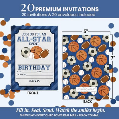 Blue All Star Sports-Themed Birthday Party Invitations for Boys, 20 5x7 Fill In Cards with Twenty White Envelopes by AmandaCreation - style: Blue All Star