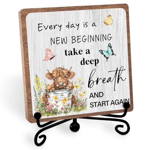 Highland Cow Inspirational Decor, Positive Plaque for Office Home | Encouragement Gifts for Women Men Coworkers Friends, Affirmation Quotes Gift, New Beginning Wooden Sign with Iron Stand - style: Highland 02