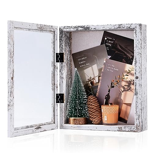 Muzilife 8x10 Shadow Box Picture Frame, 2.16 Deep, Real Glass, Rustic White | FSC-Wood, Magnetic Door, Linen Interior & Pins, Vertical, Horizontal Wall Hanging, Display Case Frame for Photos & Keepsakes - color: Rustic White, size: 8x10