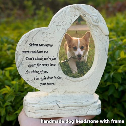 Pet Memorial Stone Headstone Grave Marker for Dog Loss Gift | Pet Dog Gravestone Tombstone, with Photo Frame, Outdoor or Indoor, Handmade of Resin, Heart Shape, Paw Prints Design