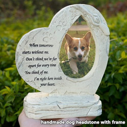 Pet Memorial Stone Headstone Grave Marker for Dog Loss Gift | Pet Dog Gravestone Tombstone, with Photo Frame, Outdoor or Indoor, Handmade of Resin, Heart Shape, Paw Prints Design