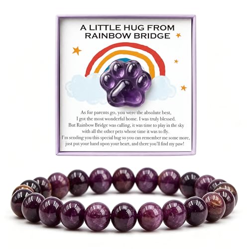 LINGYUAN Amethyst Pet Memorial Gift Set, Natural Paw Print Stone with 6mm Bracelet, Rainbow Bridge Sympathy Keepsake for Loss of Dog or Cat - color: Amethyst Rainbow Memorial Gift Set