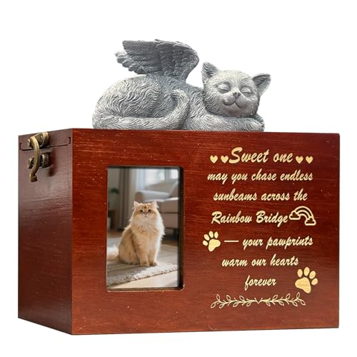 Cat Urn for Ashes Box with Picture Cremation Box Keepsake for Loss of Pet Remembrance Gift Wooden Pet Memorial Urn with Photo Frame Pet Casket Sympathy Gift (Cat Urn-Red Brown-Rainbow-Large) - color: Cat Urn-red Brown-rainbow, size: Large
