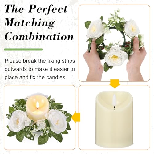 Yunlly 16 Set Rose Candle Rings Wreaths 3 Inch Center with Flameless LED Candles Artificial Rose Light Garland Fake Electric Votive Tealights Bulk Funeral Wedding Table Centerpieces Decor(White) - color: White