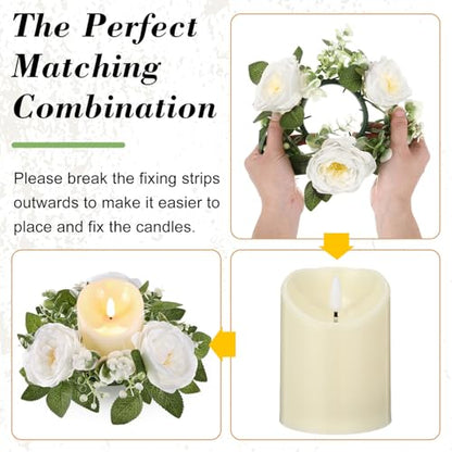 Yunlly 16 Set Rose Candle Rings Wreaths 3 Inch Center with Flameless LED Candles Artificial Rose Light Garland Fake Electric Votive Tealights Bulk Funeral Wedding Table Centerpieces Decor(White) - color: White