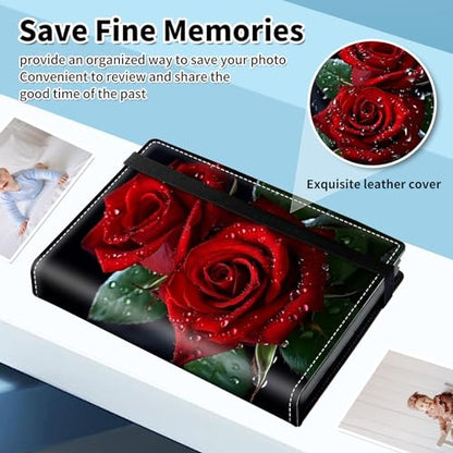 Photo Album 4x6 120 Pockets Photos with Elastic Band, PU Leather Photo Books Small Mini Capacity Picture Album for Family Wedding Travel Anniversary Baby Vacation Pictures, Red Rose Flowers - color: Red Rose Flowers