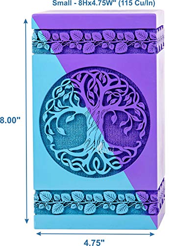 Wooden Urn for Human Ashes, 115 Cu in, Medium, Blue & Purple | Hand-carved wood, blue and purple, screw-locked sliding base, engraving available, holds up to 115 lb - color: Blue & Purple, size: Small - 8Hx4.75W (115 Cu/In)