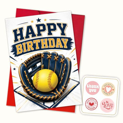 Softball Birthday Card, Blue Glove Yellow Ball Greeting Gift | Softball Birthday Card For Softball Player, Softball Fan, Sports Lover, Coach, Team Party Gift Card, Glove Ball Greeting Card - color: sport1