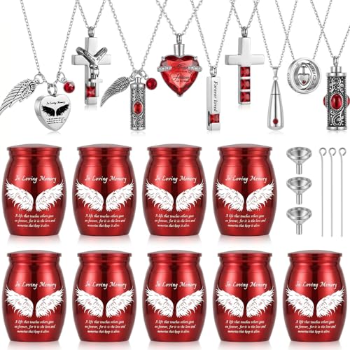 18 Pieces Small Cremation Urn and Jewelry Necklaces for Ashes Set Stainless Steel Keepsake Urns Memorial Locket Waterproof Mini Ash Holders for Human Female Male Loved One(Red) - color: Red