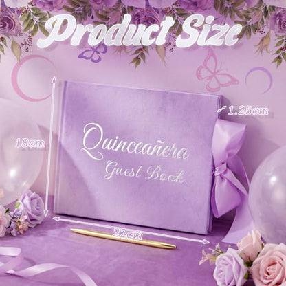 Panelee Velvet Quinceañera Guest Book with Pen Purple Sign in with Bow 15 Year Anos Quince Book 144 Page Signature Guest Sign in Keepsake Album for Birthday Party Keepsake Gift - color: Purple