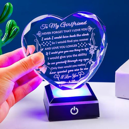 YWHL Gifts for Girlfriend, Anniversary Birthday Gifts for Girlfriend | To My Girlfriend Romantic Gifts from Boyfriend with LED Base Crystal Heart Keepsake Present for Her on Valentines Christmas - color: Girlfriend Gifts