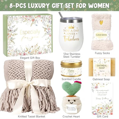 Birthday Gifts for Women, Happy Birthday Gifts for Mom Self Care Package Get Well Soon Gift Baskets, Thinking of You Spa Gift Basket with Knit Blanket Tumbler, Unique Gift Set for Mom, Wife, Friends - color: Khaki