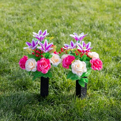 LVXINLI 2 Sets Vibrant Cemetery Flowers - Beautiful Grave Decorations with Artificial Roses and Silk Flowers (red, 2 Bouquets) - size: 2 saddles