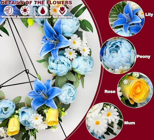 Artificial Cemetery Wreath for Grave, 24" Blue Memorial FWreath with 30" Easeal Stand, Peony Lily Rose Daisy for Gravesites Decoration
