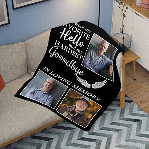 LOSARON Custom Memorial Blanket You were My Favorite Hello My Hardest Goodbye Wings Personalized Photo Collection Blanket in Memory of Loved One Gifts Memorial Gifts for Loss of Grandma Dad Mom