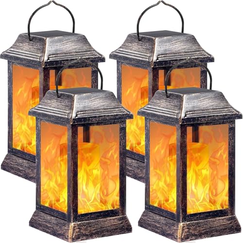TomCare Flickering Flame Solar Lights Outdoor Metal Hanging Lantern, 4 Pack - size: 4 Pack, style: Elegant-Bronze