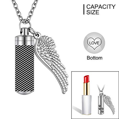 abooxiu Cylinder Cremation Urn Necklace with Angel Wing & Pet Paw - Ashes Keepsake for Dog/Cat Memorial - color: Silver-M