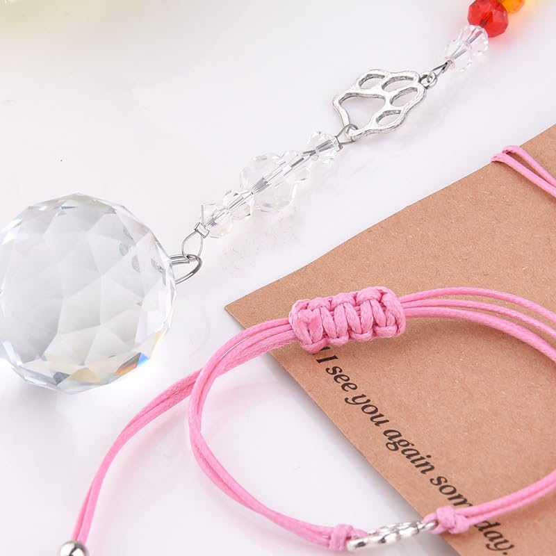 Sisadodo Rainbow Bridge Dog Memorial Gifts for Loss of Dogs Cats Rainbow Bridge Bracelet Keychains Paw Crystal Sun Catcher - color: pink