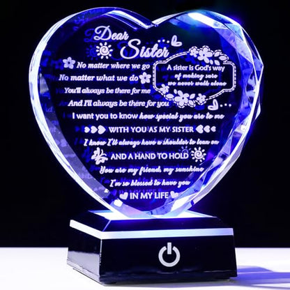 YWHL Sister Birthday Gifts from Sister Brother to My Sisters Crystal Heart Keepsake with Colorful Light Base Soul Sister Gifts for Women for Christmas Mother's Day - color: Sister Gifts