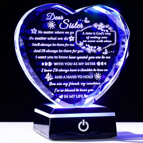 YWHL Sister Birthday Gifts from Sister Brother to My Sisters Crystal Heart Keepsake with Colorful Light Base Soul Sister Gifts for Women for Christmas Mother's Day - color: Sister Gifts