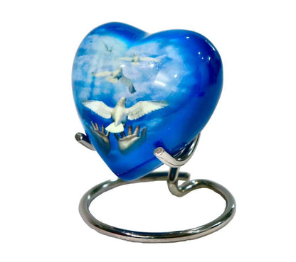 Heart Urn for Sacred Ashes Adult Male Female | Funeral Gift Pack of Dove Painted Small Heart Urn, Display Stand, Velvet Carry Bag, a Paper Funnel with Magnetic Closure Gift Box - color: Blue White-dove-heart