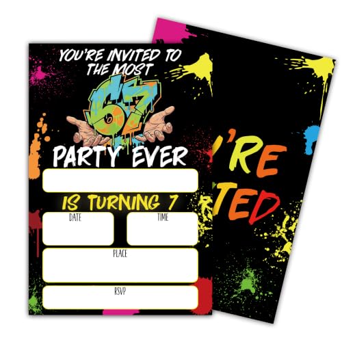 Gamer 7th Birthday Invitation Cards with Envelopes, 20 Pack 4x6 Fill-In Party Invites for Boys Girls, Neon Kids Birthday Party Supplies - B06 - color: 6 7 Gamer