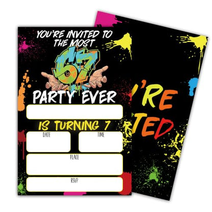 Gamer 7th Birthday Invitation Cards with Envelopes, 20 Pack 4x6 Fill-In Party Invites for Boys Girls, Neon Kids Birthday Party Supplies - B06 - color: 6 7 Gamer