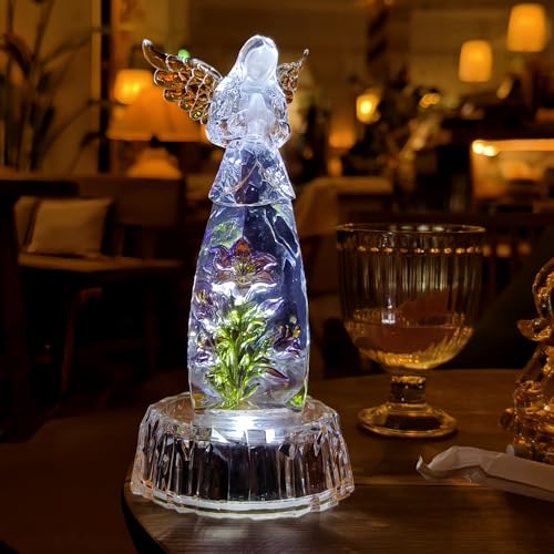 Praying Angel Acrylic Statue 8.6”H LED Lighted Christmas Decor | LED Acrylic Praying Angel Statue Symbol Of Peace Luck Dual Power Night Light Ornament For Holiday Mother’s Day Gifts