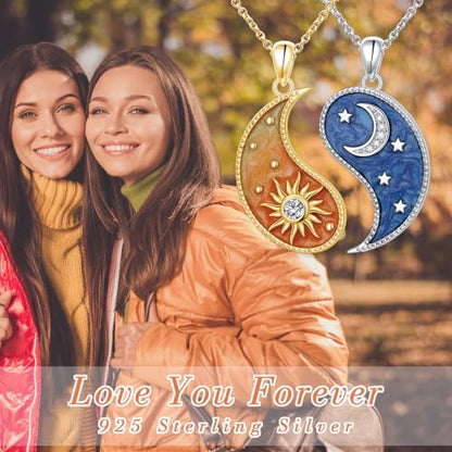 FLYOW S925 Sterling Silver Best Friend Couple Pendant Friendship Sun Moon Lotus Yin Yang Matching Bff Necklace for Women Jewelry - style: Sun Moon Yin Yang