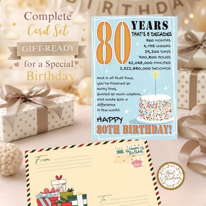 80th Birthday Card, 80th Birthday Cards for Women Men with Seal and Envelope, 80 Year Old Birthdayy Card for Mom Dad Grandma Grandpa Uncle Aunt Friend Family from Son Daughter Granddaughter Grandson - color: 80th