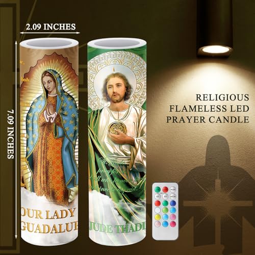 Landhoow 2 Pcs Religious Flameless LED Prayer Candle Real Wax Baptism Candle Set Our Lady of Guadalupe and St. Jude Battery Operated Candles with Remote Control - style: Our Lady of Guadalupe and St. Jude