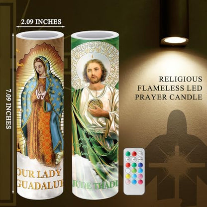 Landhoow 2 Pcs Religious Flameless LED Prayer Candle Real Wax Baptism Candle Set Our Lady of Guadalupe and St. Jude Battery Operated Candles with Remote Control - style: Our Lady of Guadalupe and St. Jude