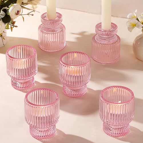 DARJEN 6 Pcs Pink Candlestick Holders - Glass Taper Candle Holders Tealight Votive Candle Holders for Table Centerpieces, Wedding, Dinner Party, Home, Gifts - color: Pink, size: 6Pcs
