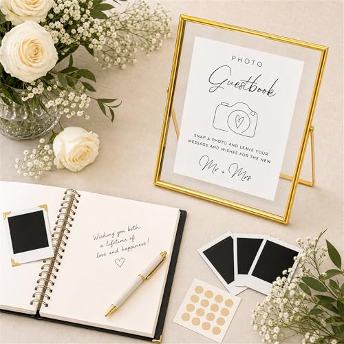 Calculs Photo Guest Book Sign, Gold 8x10 Floating Picture Frame | Double glass metal frame, fits 6x8 insert, photo guest book station, reusable tabletop frame for signs and photos - color: Gold
