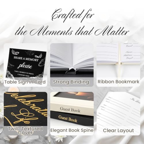 Funeral Guest Book, Celebration of Life GuestBook with Photo Slot | 330 Entries, Table Sign Card Included, Gold Stamping, Twill-Textured Paper Cover, in Loving Memory Keepsake, 9x7.5", Black - color: Black-c