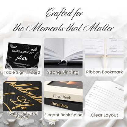 Funeral Guest Book, Celebration of Life GuestBook with Photo Slot | 330 Entries, Table Sign Card Included, Gold Stamping, Twill-Textured Paper Cover, in Loving Memory Keepsake, 9x7.5", Black - color: Black-c
