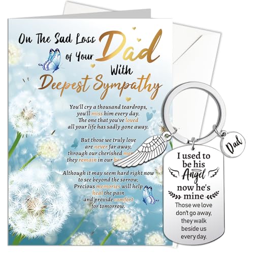 HOWAF Sympathy Card & Memorial Keyring for Loss of Dad, Deepest Sympathy Cards, Thinking of You, Unisex Adult, White and Blue, Floral