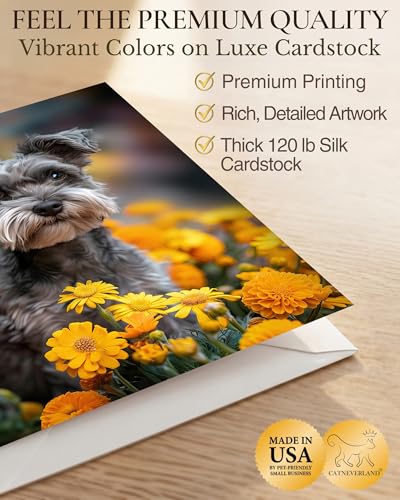 Schnauzer with Yellow Flowers All Occasions Greeting Card from Unique Dogs Party Delights Collection Large 5x7 Inch Blank Inside with Envelope | 5x7 Inch Card, Blank Inside, Premium Silk Cardstock, Made in USA by USA-Based Pet Friendly Small Business, by