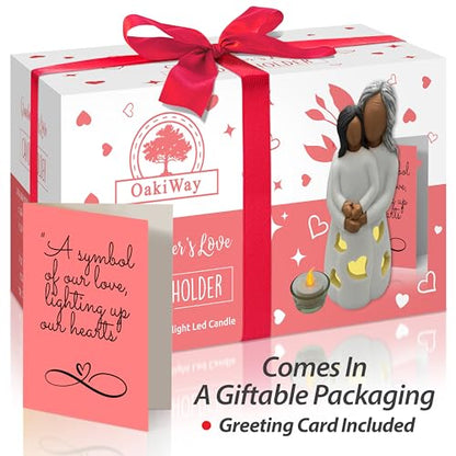 Grandma-Granddaughter Hand-Painted Candle Holder Statue W/Flickering LED Candle | Unique Nana Present Ideas for Christmas, Gigi Grandmother Birthday Gift, Greeting Card Included (Dark) - color: Grandma & Granddaughter (Dark)