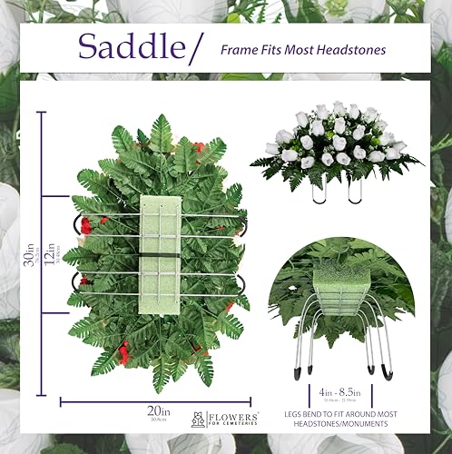 Artificial Cemetery Flowers - Gravesite Flowers - White Roses - (1) Headstone Flower Saddle & (1) Matching Bouquet - color: White Roses, size: (1) Saddle (1) Bouquet