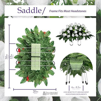 Artificial Cemetery Flowers - Gravesite Flowers - White Roses - (1) Headstone Flower Saddle & (1) Matching Bouquet - color: White Roses, size: (1) Saddle (1) Bouquet