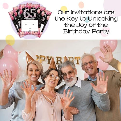 65th Birthday Invitations - Pink Glitter Bday Invites with Envelopes(25-Count) - Balloon Theme Fill-in Invite Cards for Party Supplies Favors Decorations - G05 - style: Pink Balloon 65th