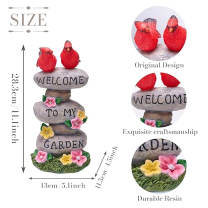 TERESA'S COLLECTIONS Cardinal Garden Decor with Outdoor Solar Lights 11" | LED light Garden Statues, Welcome Yard Sign Rocks & Flower Resin Valentines Decorations, Gifts for Mom Yard Decor