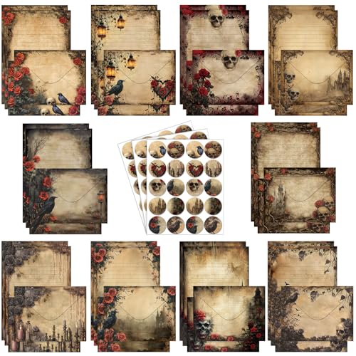TaoBary 160 Pcs Gothic Stationery Paper and Envelopes Set, 5.5 x 8.25'' | Stationary Set Letter and Envelopes, 50 Double Sided Stationery Writing Papers 50 Matching Envelopes 60 Round Dot Sticker - size: 8.25 x 5.5 Inch, style: Gothic Style